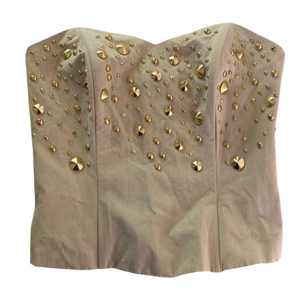 Mondi Vintage Studded Corset Top Tan West Germany Gold Star Sweetheart Sz 36